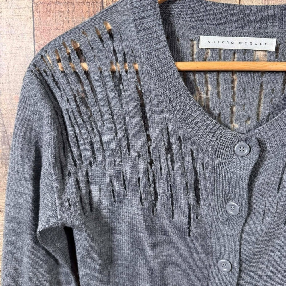 Susana Monaco Slashed Wool Long Cardigan XS Grey Minimalist Luxe Distressed - Picture 2 of 6